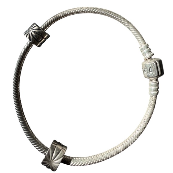 Pandora Jewelry - Pandora Sterling Silver Snake Chain Bracelet w Clip Charms Barrel Clasp